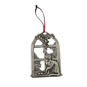 Cat & Window Pewter Ornament With Red Ribbon Hanger